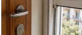 Puerta de vivienda con persiana doméstica junto a la ventana