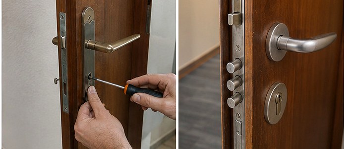 Cerrajero trabajando en una puerta de vivienda en Barcelona